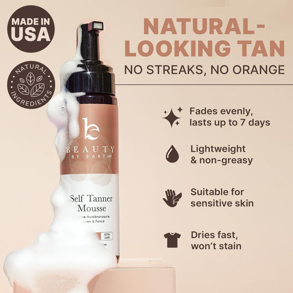 Beauty by Earth self-tanner mousse dispensing pump emphasizes easy, mess-free use and precise application.
