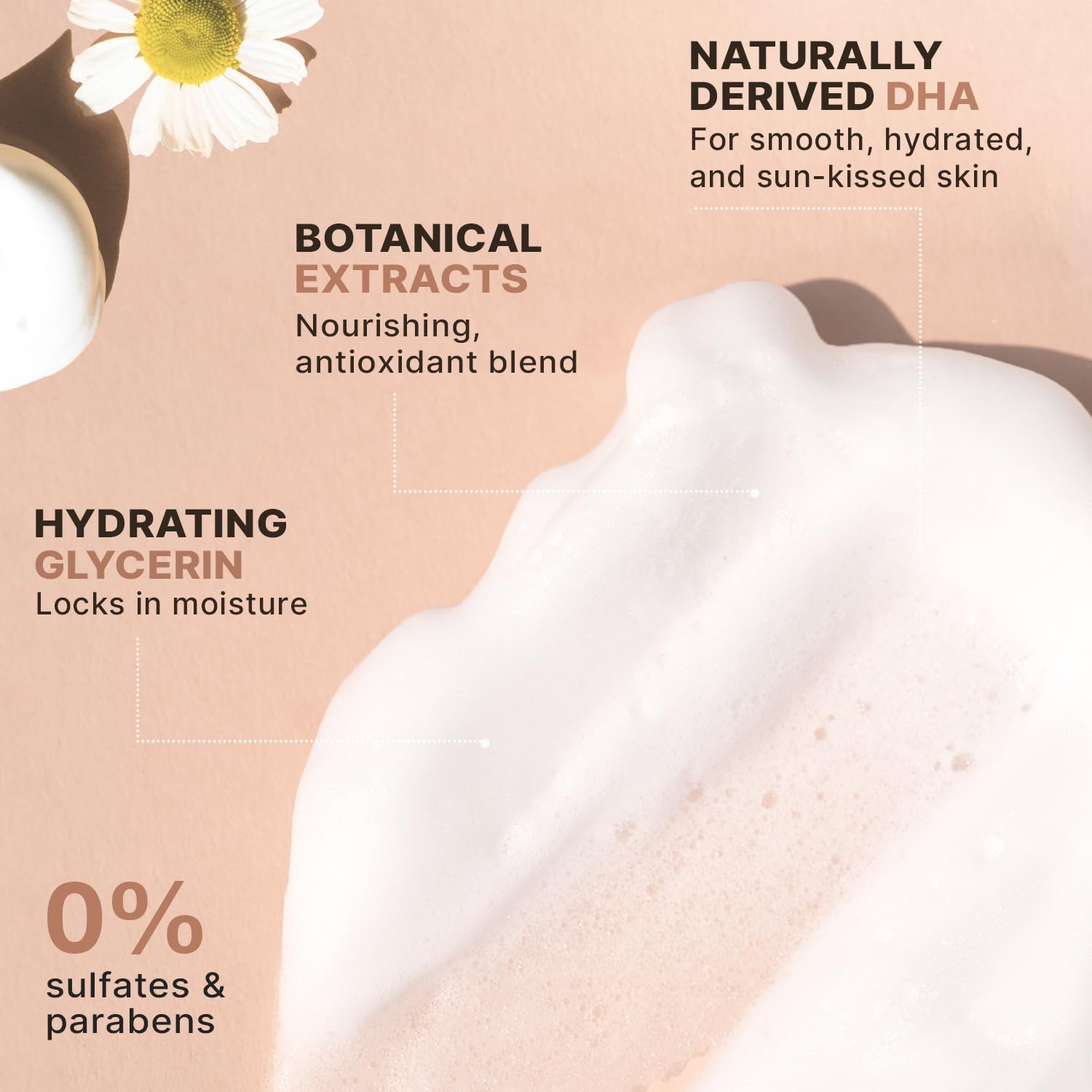 Beauty by Earth self-tanner mousse in drying action highlights quick-dry formula preventing transfer.