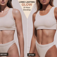 Beauty by Earth self-tanner mousse foam texture shows quick-drying formula.