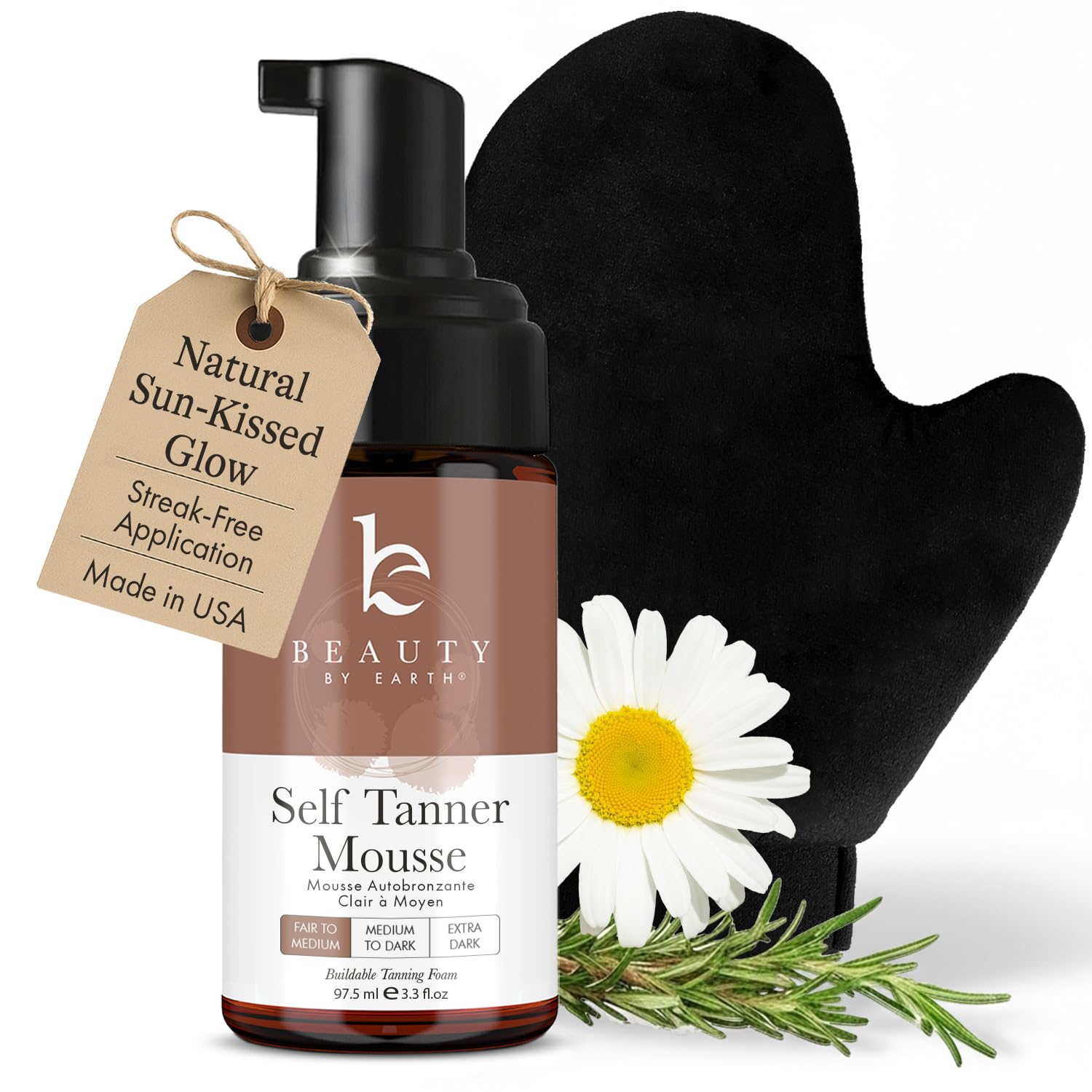 Beauty by Earth Self Tanner Mousse Kit, guante, aplicación suave para tono natural