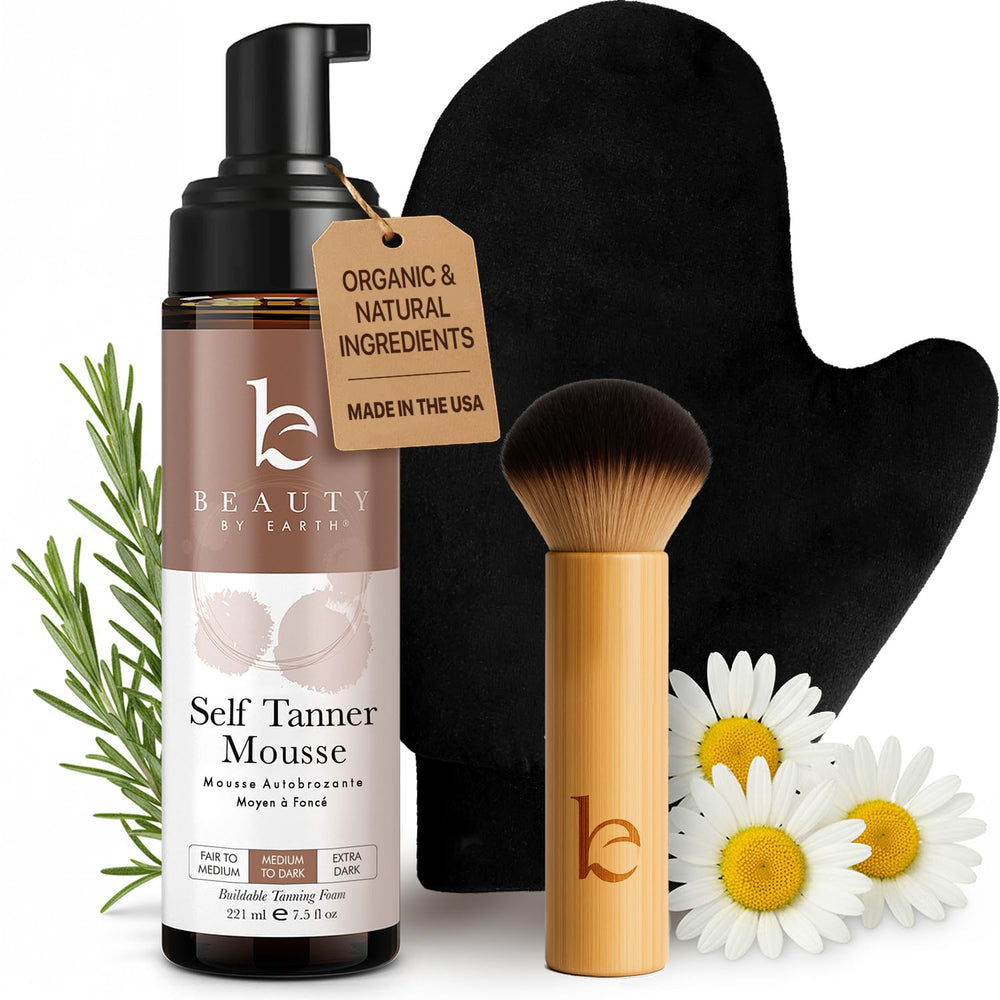 Beauty by Earth self-tanner mousse kit for easy, streak-free application at home.