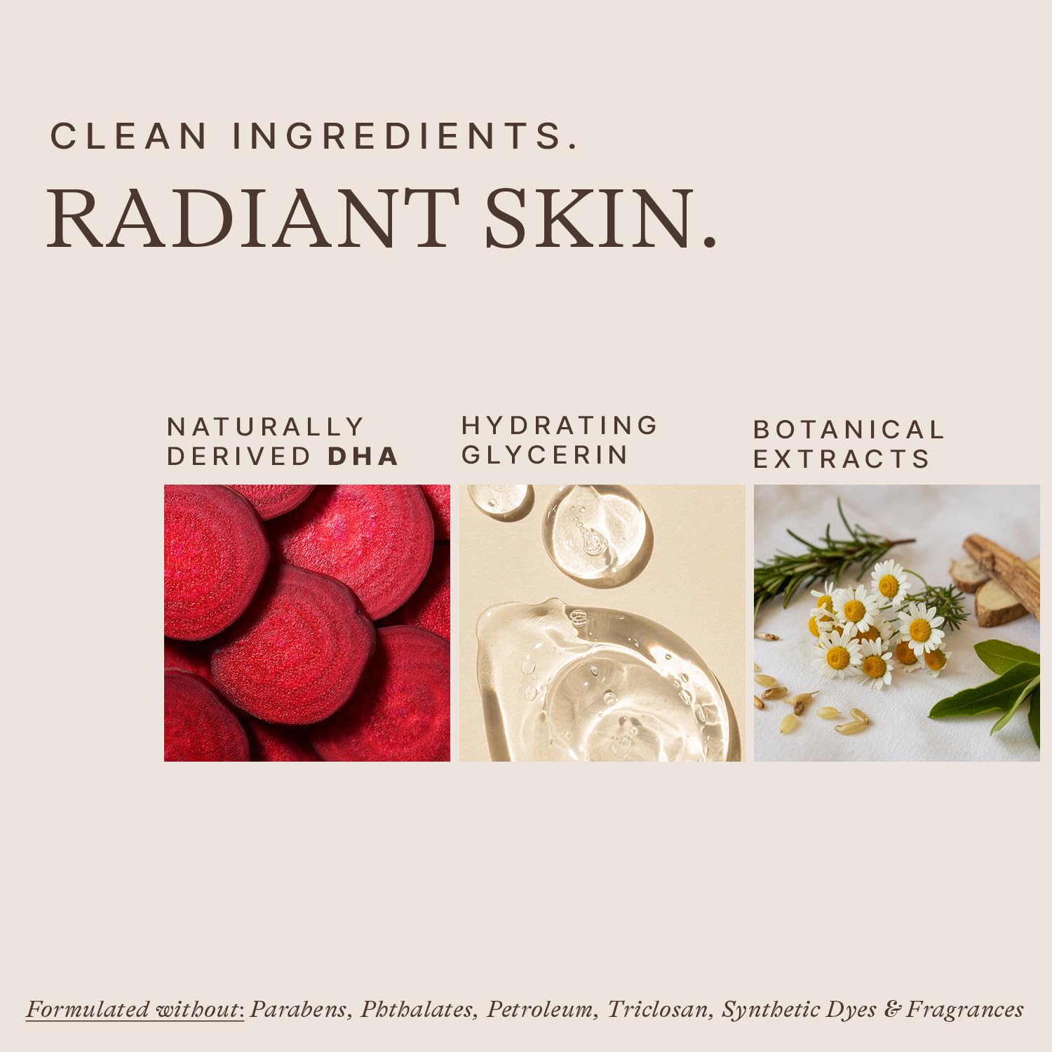 Beauty by Earth ingredients highlight natural actives for clean sunless tanning.