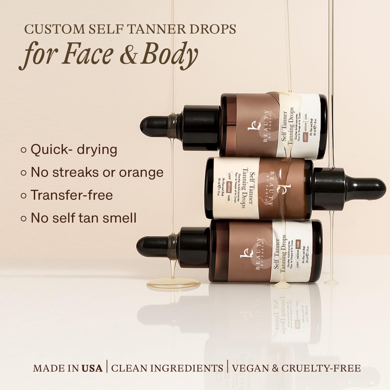 Beauty by Earth self tanning drops odor-free application minimizes traditional self-tanner scent