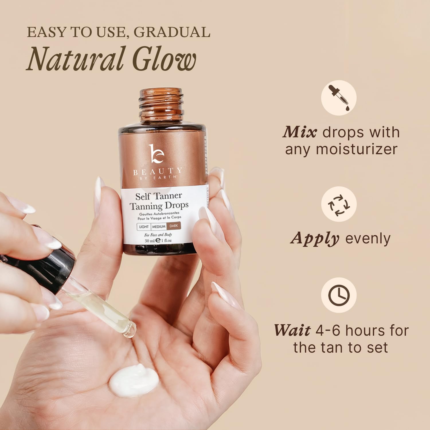 Beauty by Earth Self Tanning Drops on skin delivers a soft, even glow.