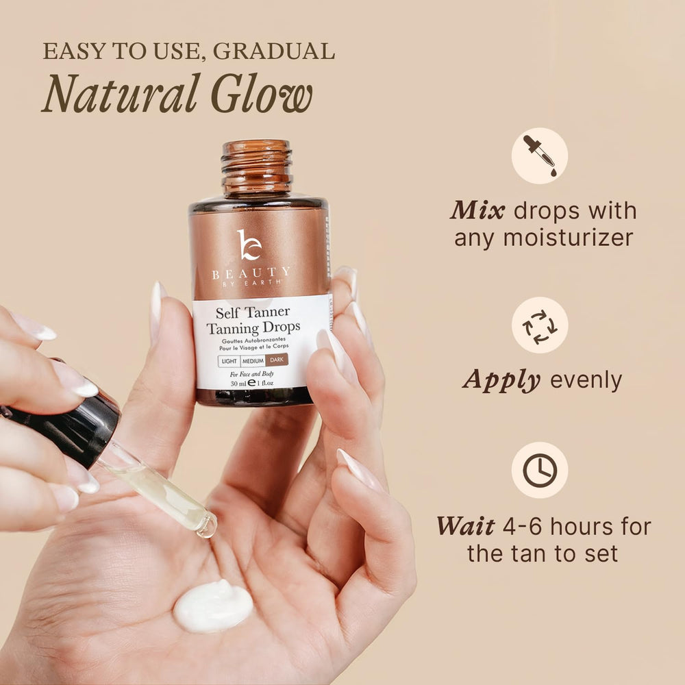 Beauty by Earth Self Tanning Drops on skin delivers a soft, even glow.