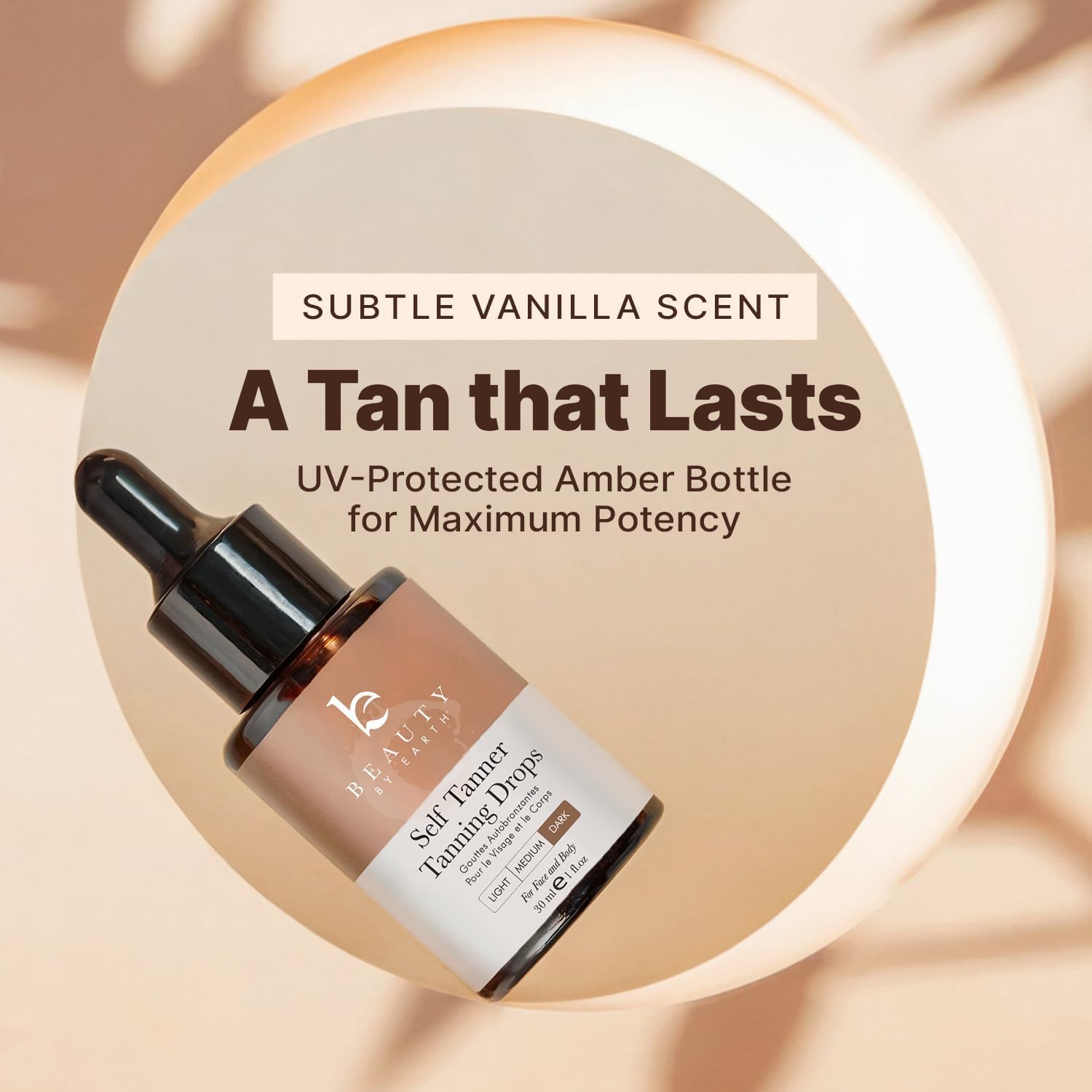 Beauty by Earth Self Tanning Drops USA-made label highlights clean beauty.