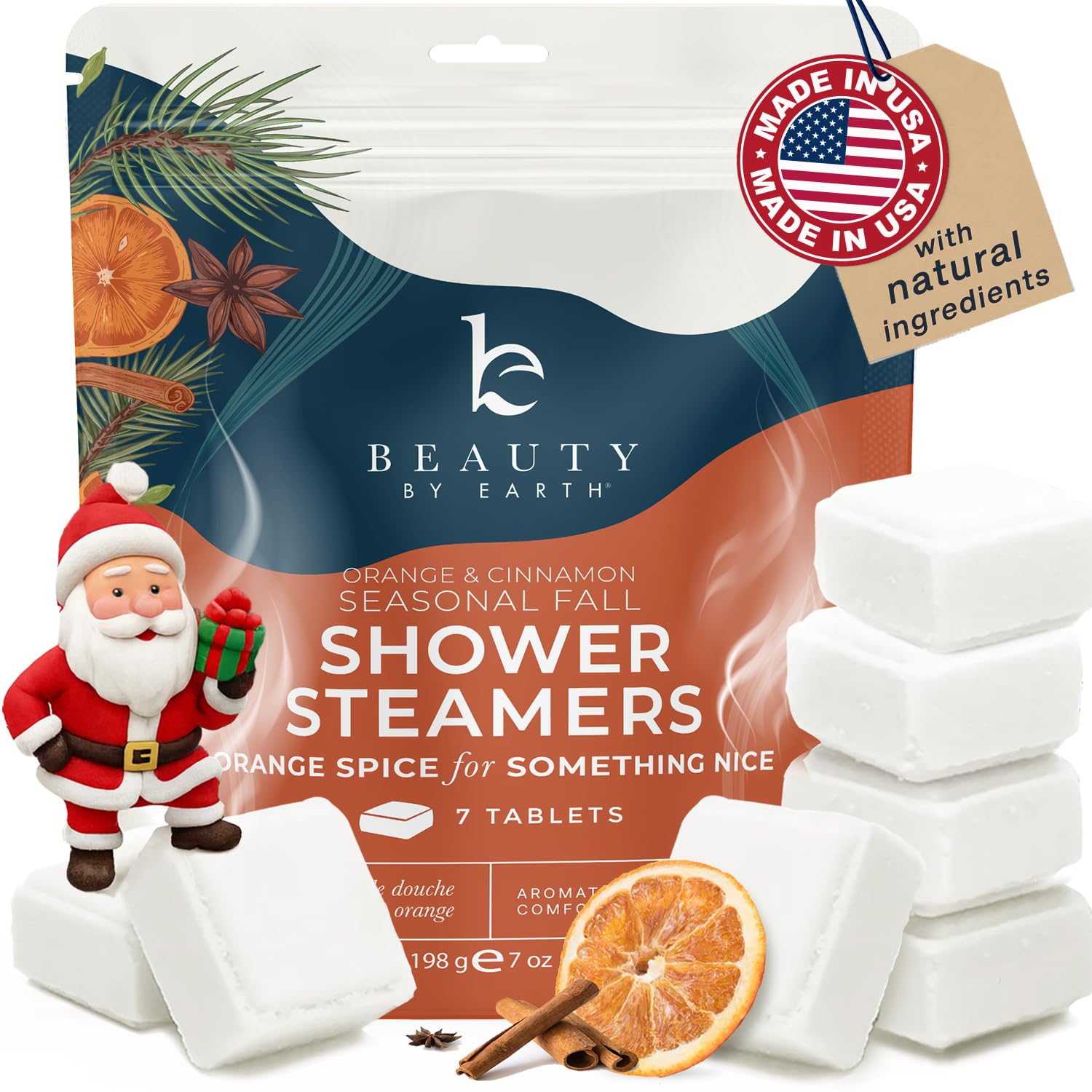 Beauty by Earth orange-fir shower steamer close-up for fall aromatherapy.
