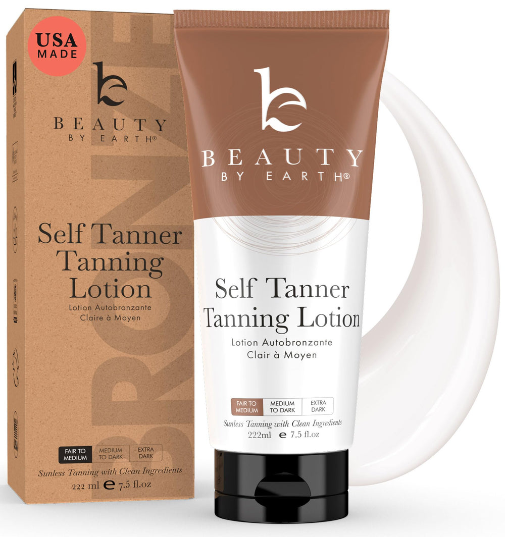 Beauty by Earth tanning lotion bottle applying even, streak-free glow.