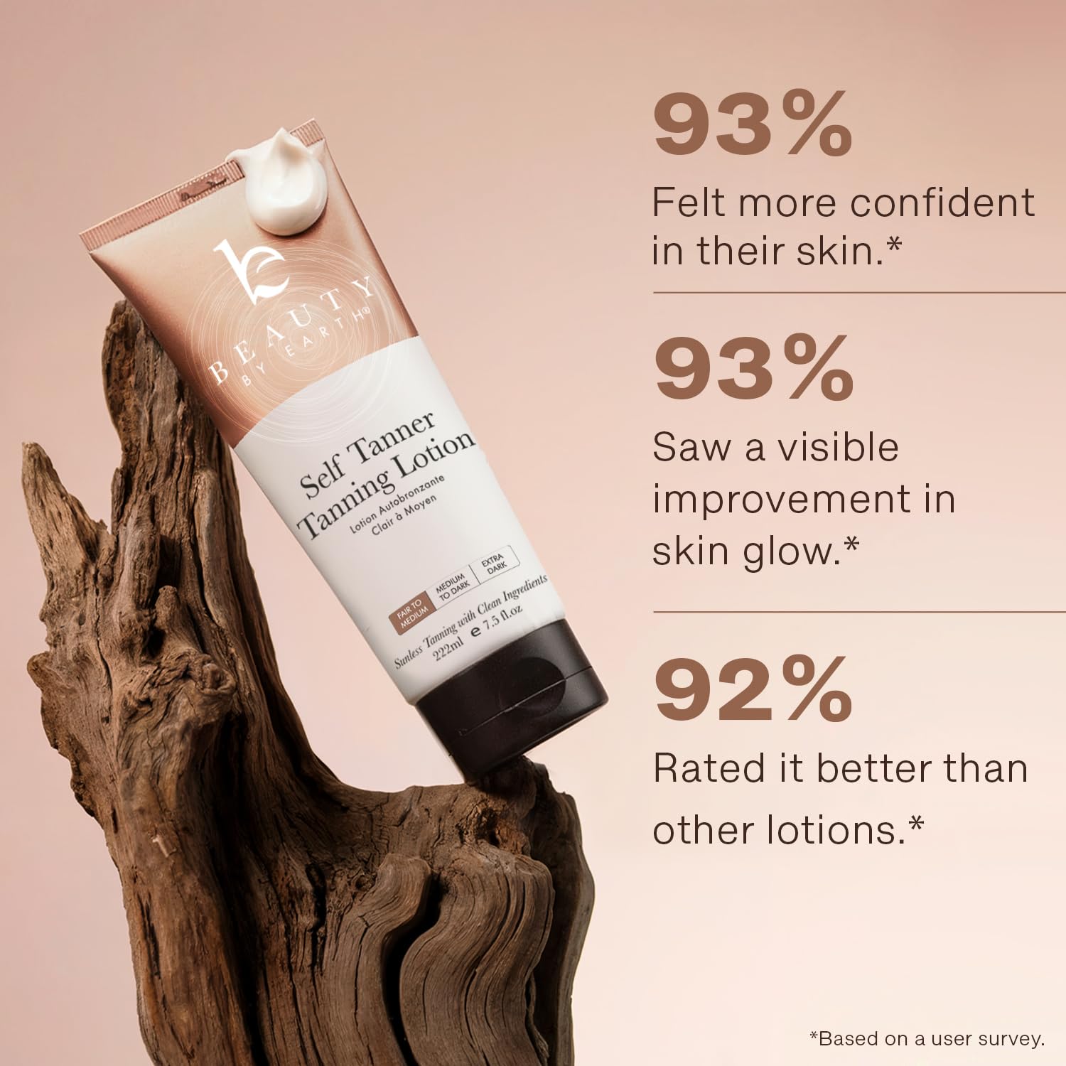 Beauty by Earth self tanner provides long-lasting natural glow.
