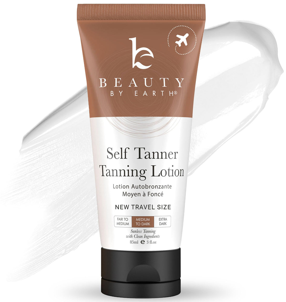 Beauty by Earth tanning lotion travel-size bottle front for on-the-go sunless glow