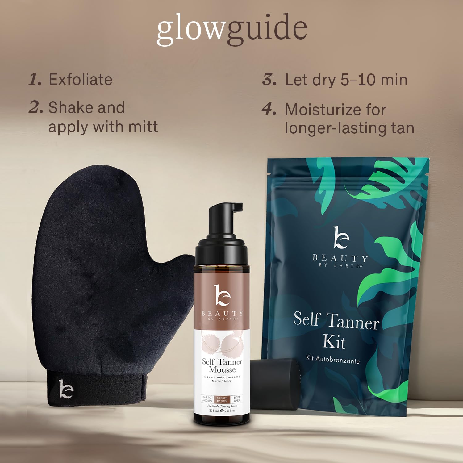 Beauty by Earth travel-size tan kit fits easily in a bag.