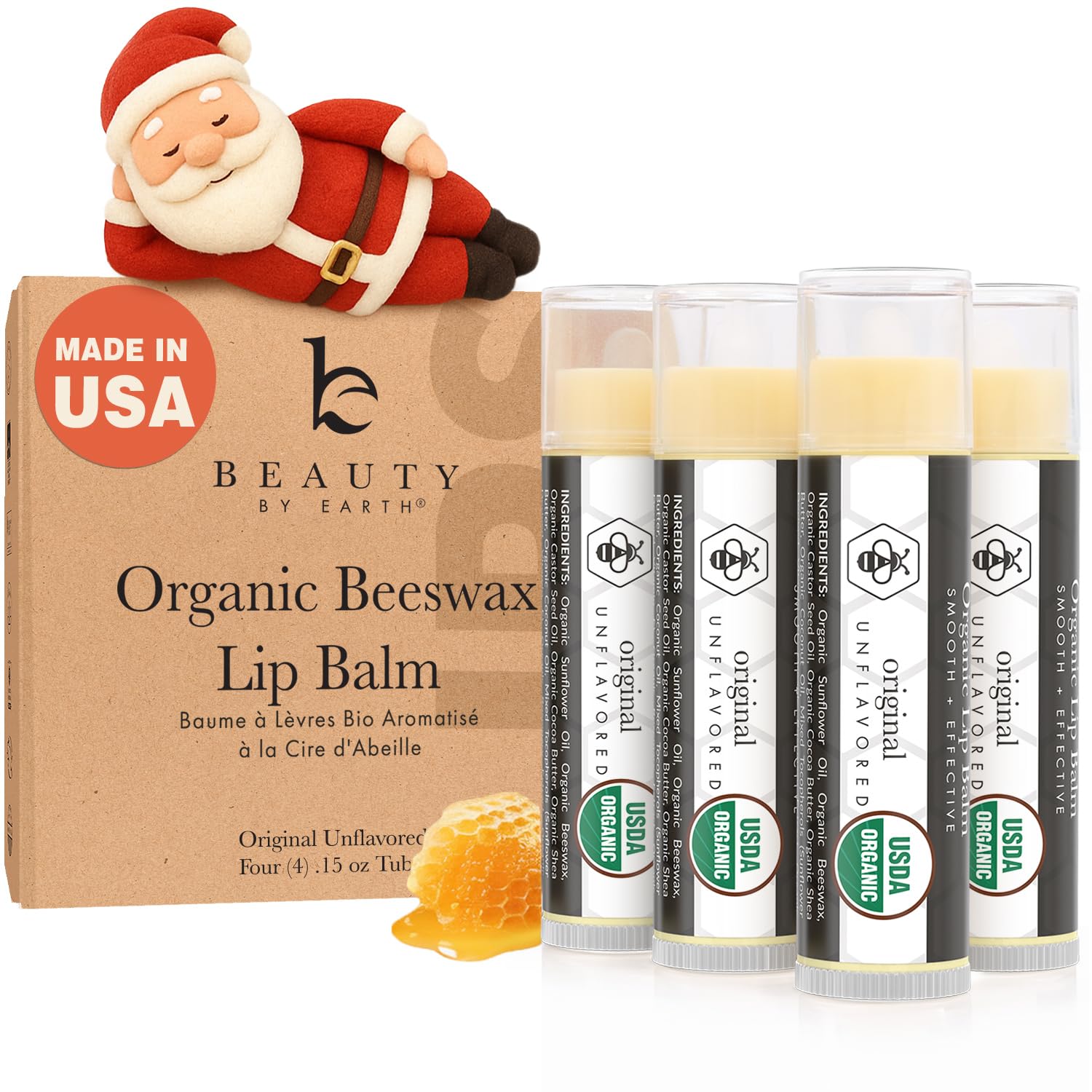 Beauty by Earth lip balm packaging emphasizes USA-made, organic ingredients for daily lip care.