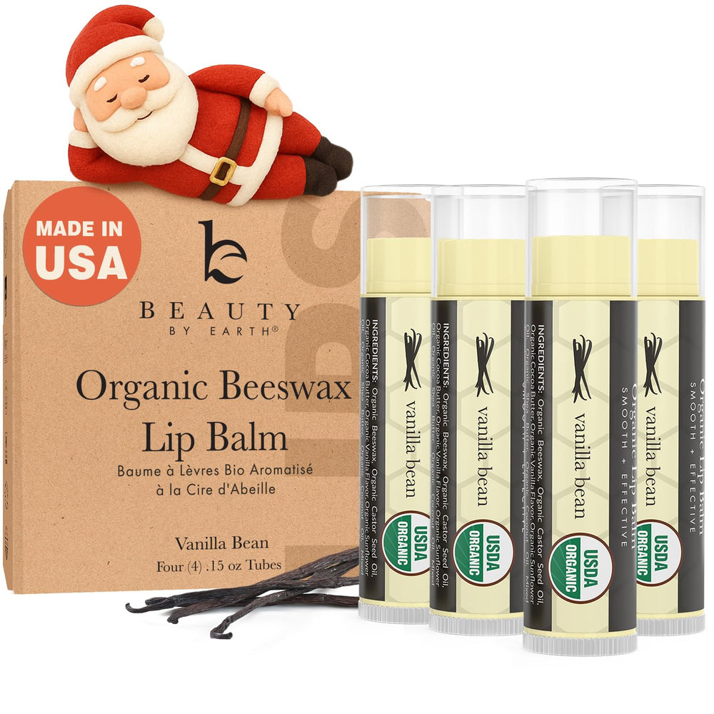 Beauty by Earth USDA Organic Lip Balm tube front with vanilla flavor for daily moisture.