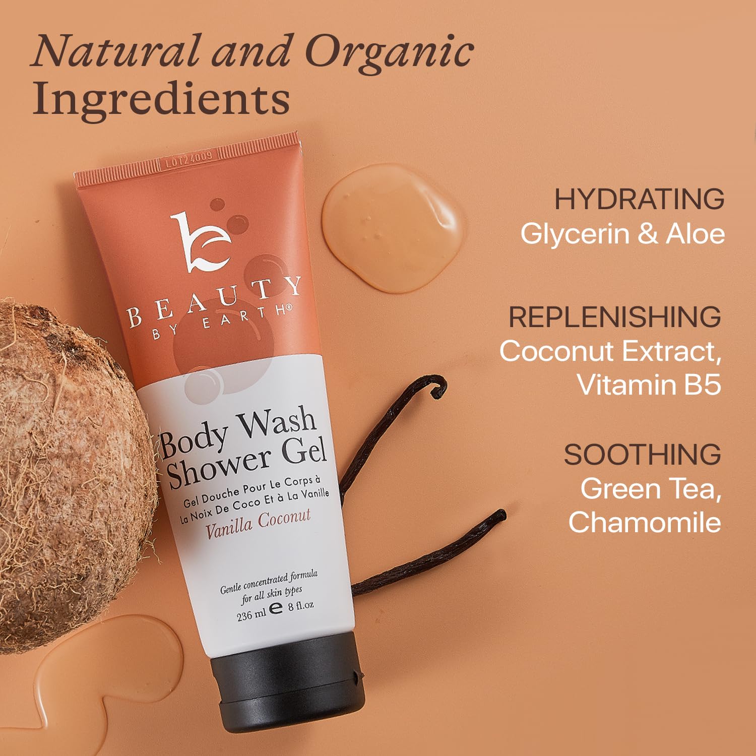 Beauty by Earth Vanilla Coconut Shower Gel pour shows rich lather for daily cleansing