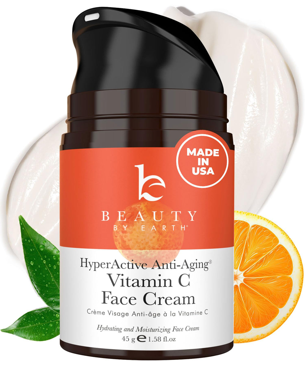 Beauty by Earth Vitamin C Face Cream jar closeup shows a premium, daily-glow moisturizer.