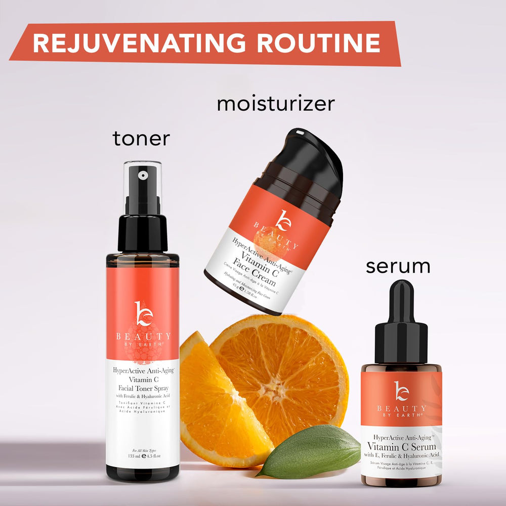 Beauty by Earth Vitamin C Face Cream night routine shown with jar and towel.
