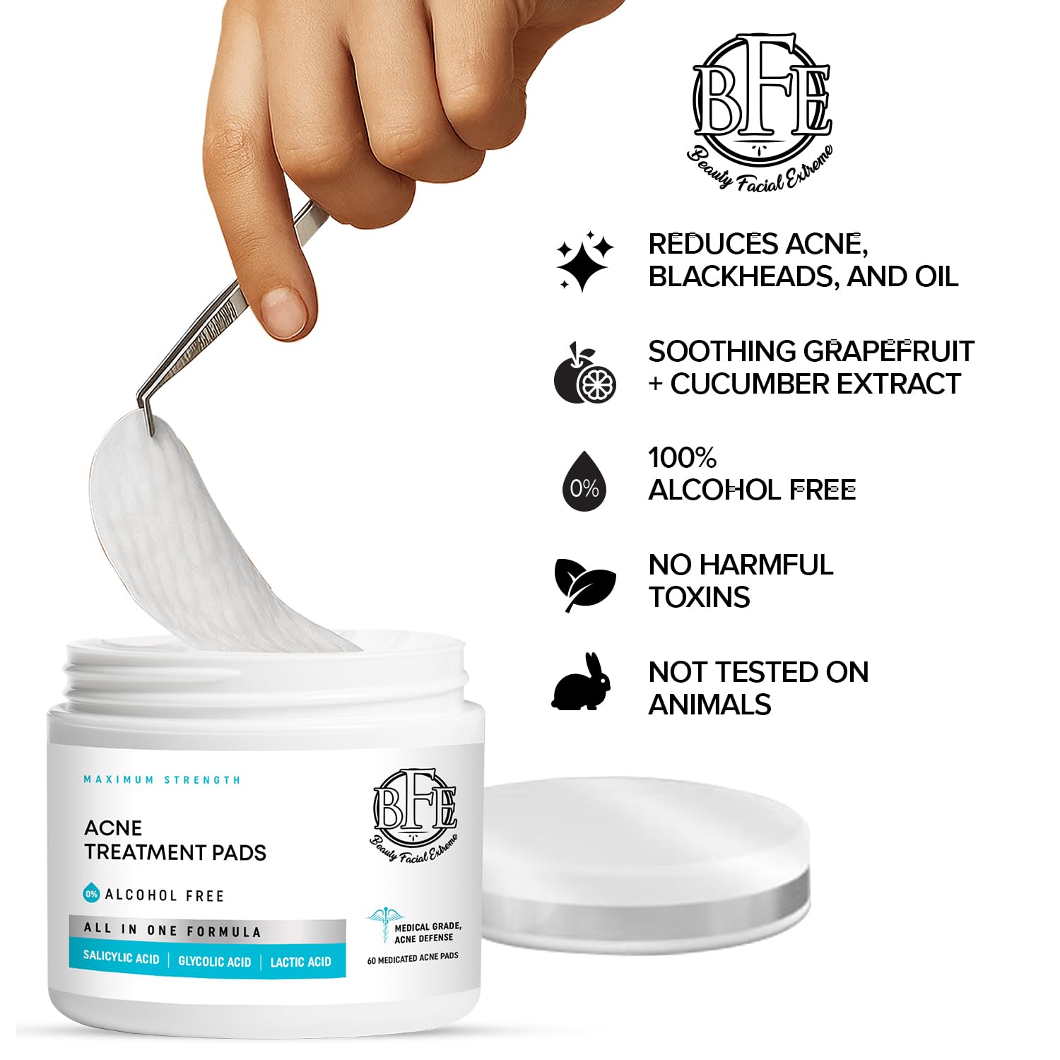 Beauty Facial Extreme acne pads closeup bottle label with active acids.