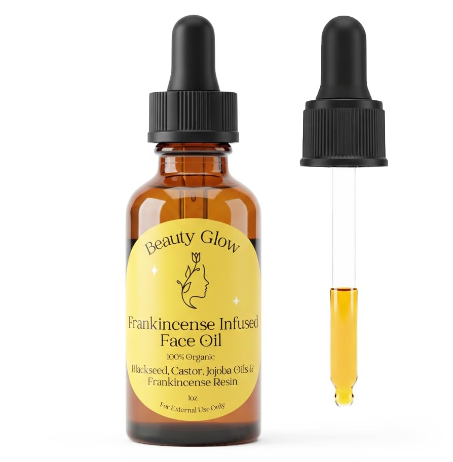 Beauty Glow frankincense resin infused face oil bottle pour for smooth hydration.