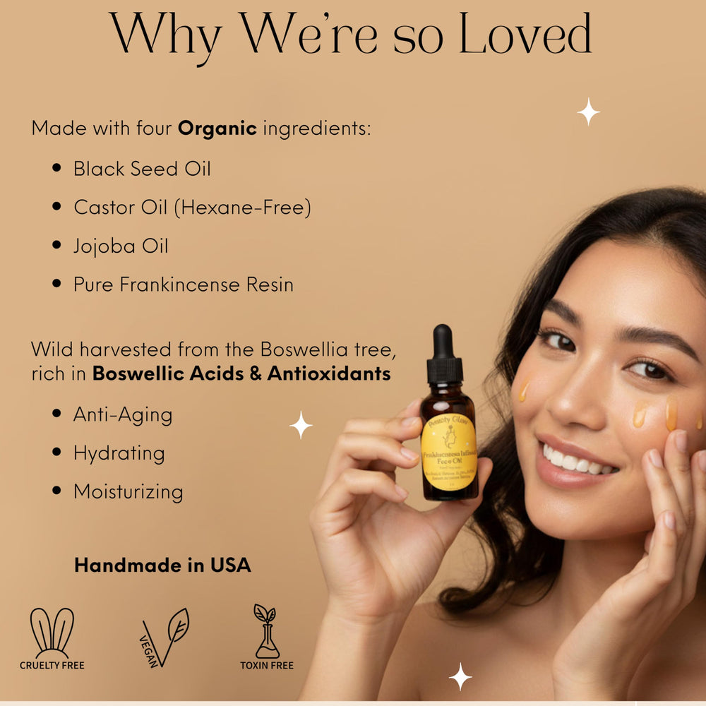 Beauty Glow frankincense resin infused face oil ingredient closeup highlights nourishing botanicals.