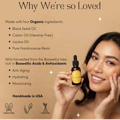 Beauty Glow frankincense resin infused face oil ingredient closeup highlights nourishing botanicals.