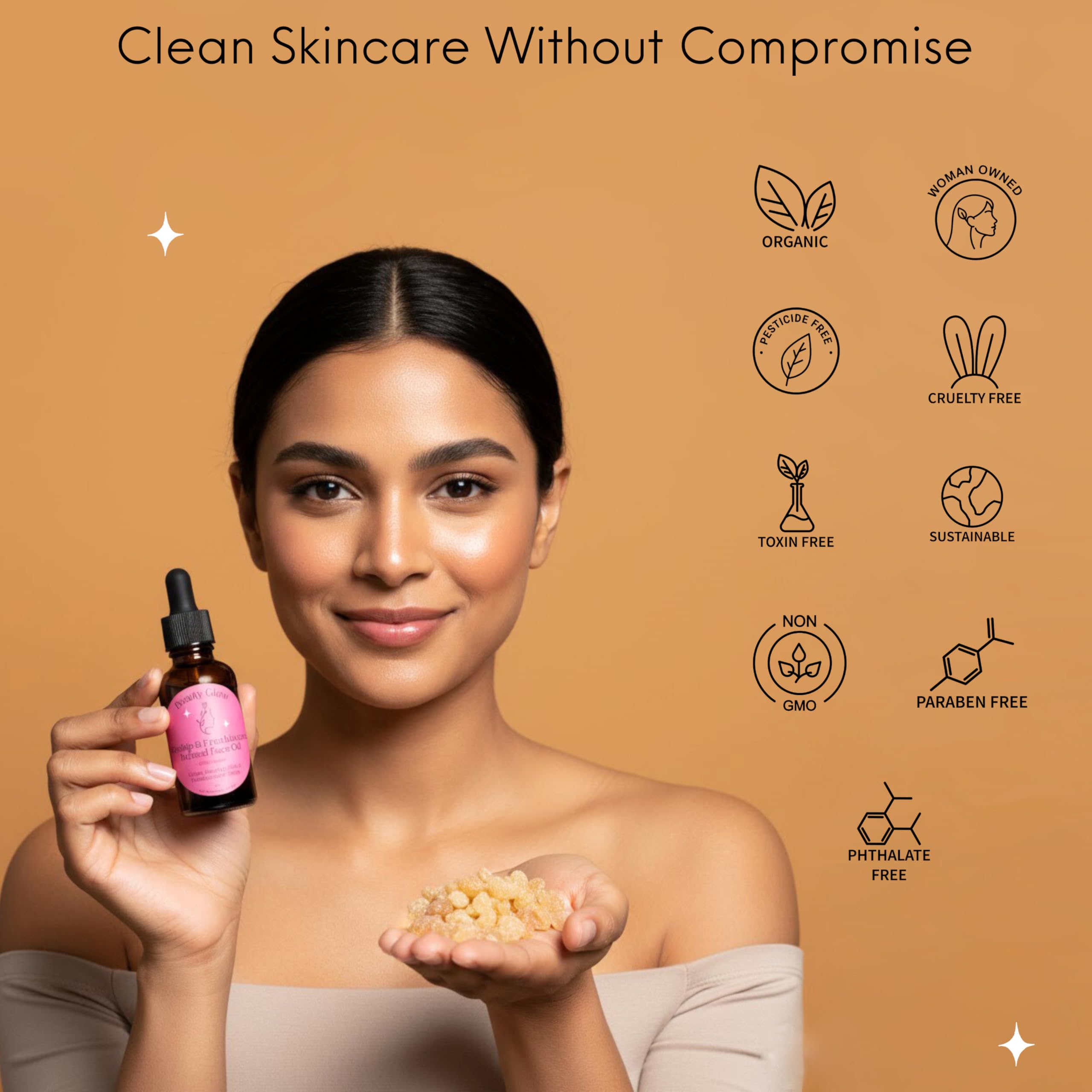 Beauty Glow ingredients close-up highlighting three-oil blend
