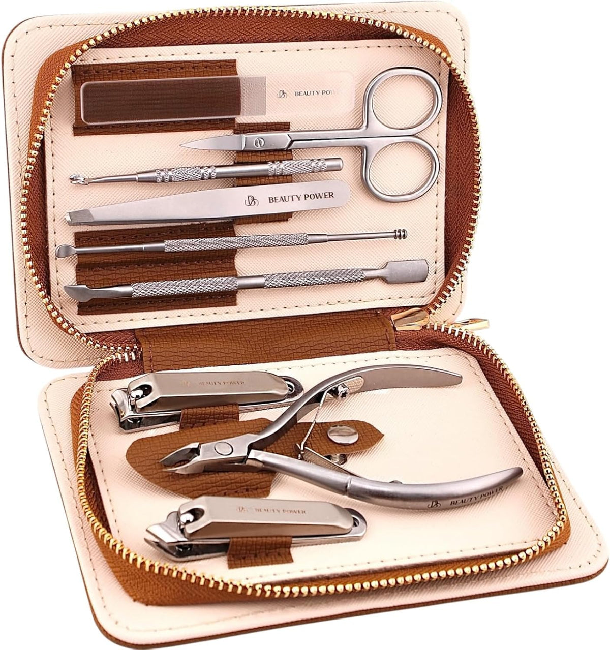 Beauty Power 9-in-1 manicure set in case for portable grooming.