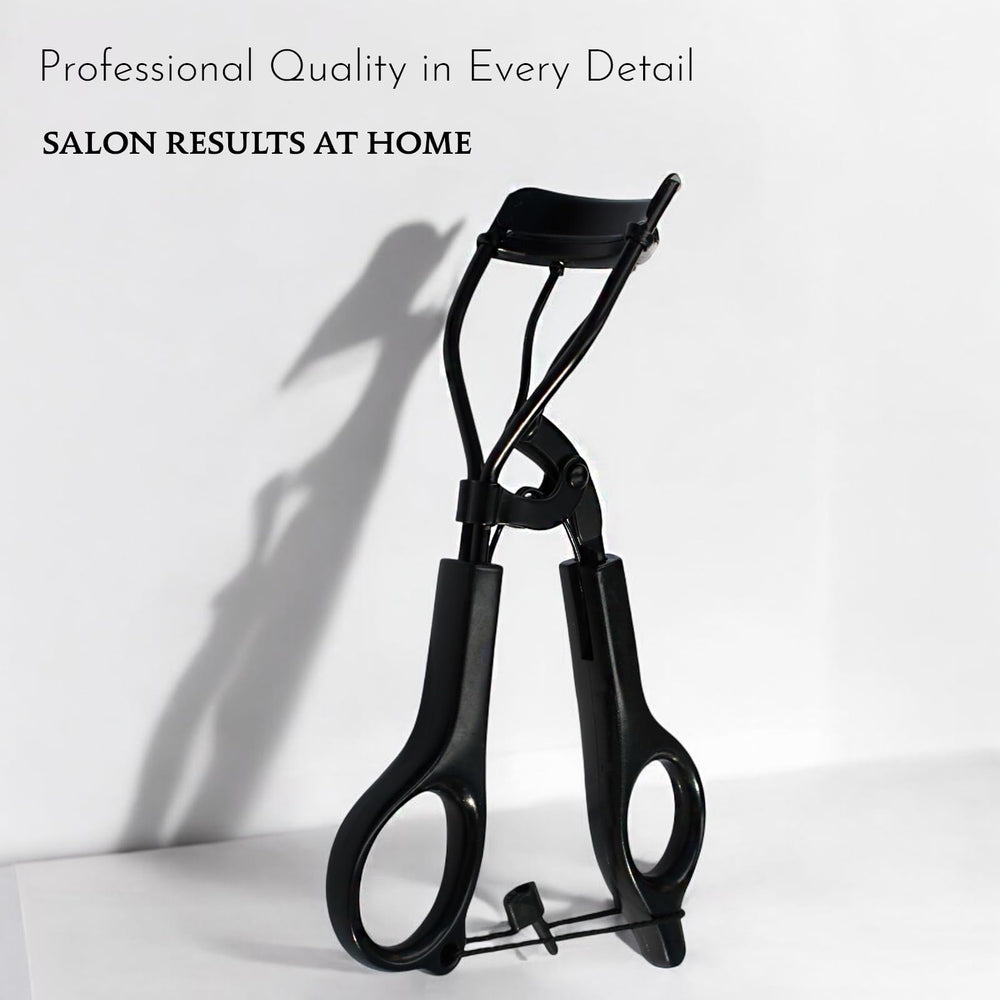 Beauty Power eyelash curler angled view emphasizes pinch-free design for safe curling.