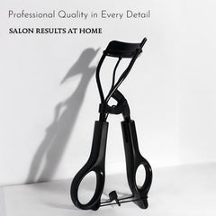Beauty Power eyelash curler angled view emphasizes pinch-free design for safe curling.