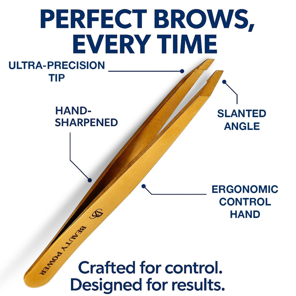 Beauty Power German stainless steel tweezers highlight rust-resistant durability.