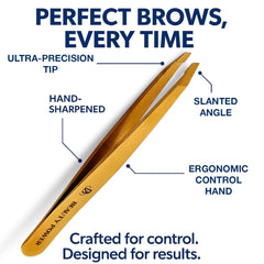 Beauty Power German stainless steel tweezers highlight rust-resistant durability.