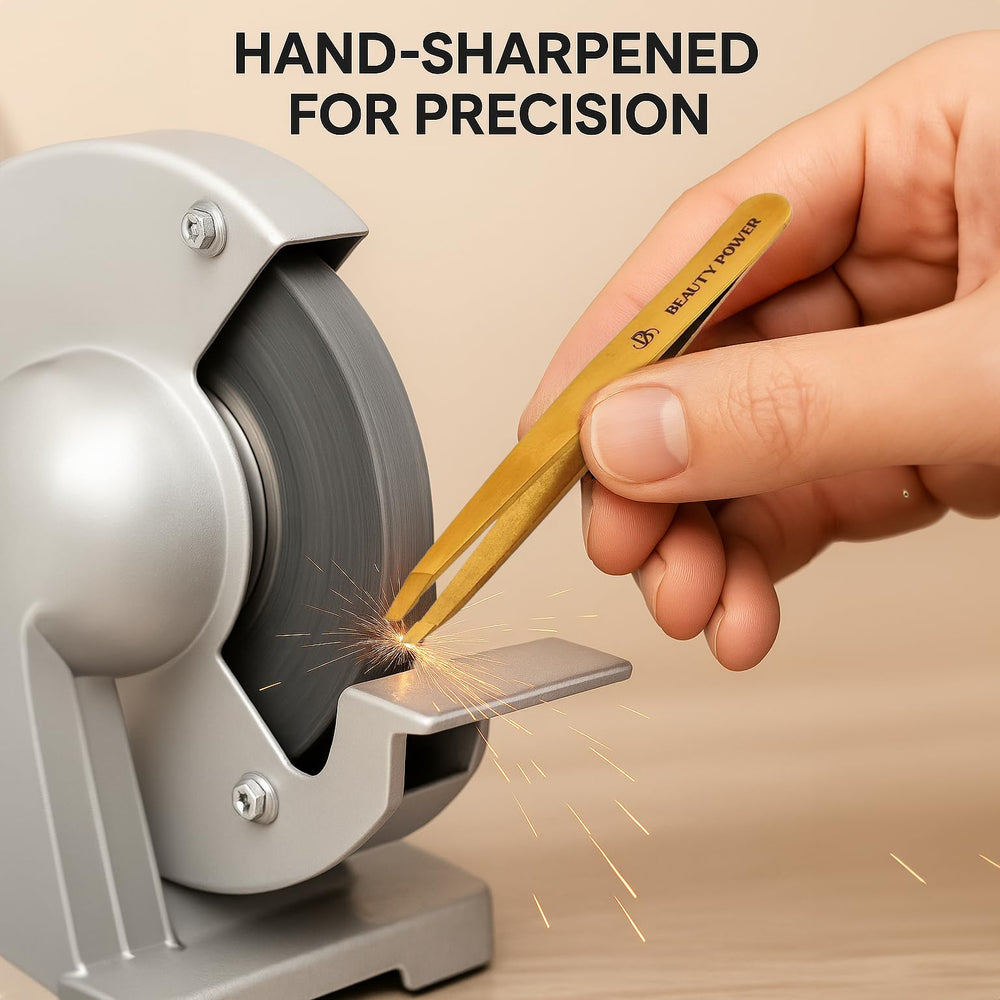 Beauty Power Lightweight Ergonomic Tweezers demonstrate comfortable, fatigue-free grooming.