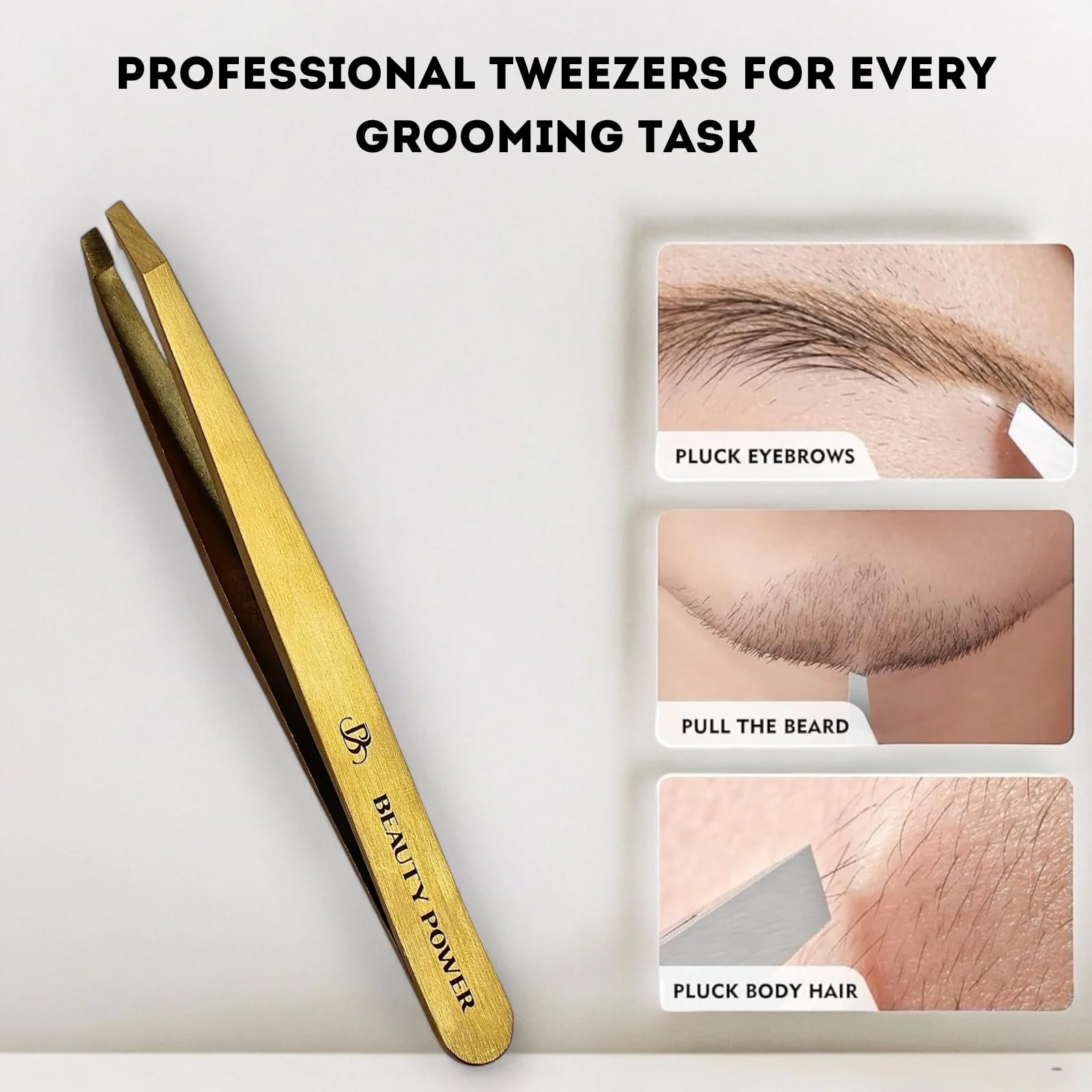 Beauty Power Matte Non-Slip Handle Tweezers emphasizes secure grip during use.