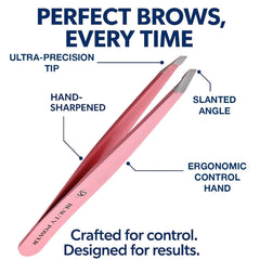 Beauty Power pink ergonomic tweezers handle shown for comfortable, extended grooming sessions