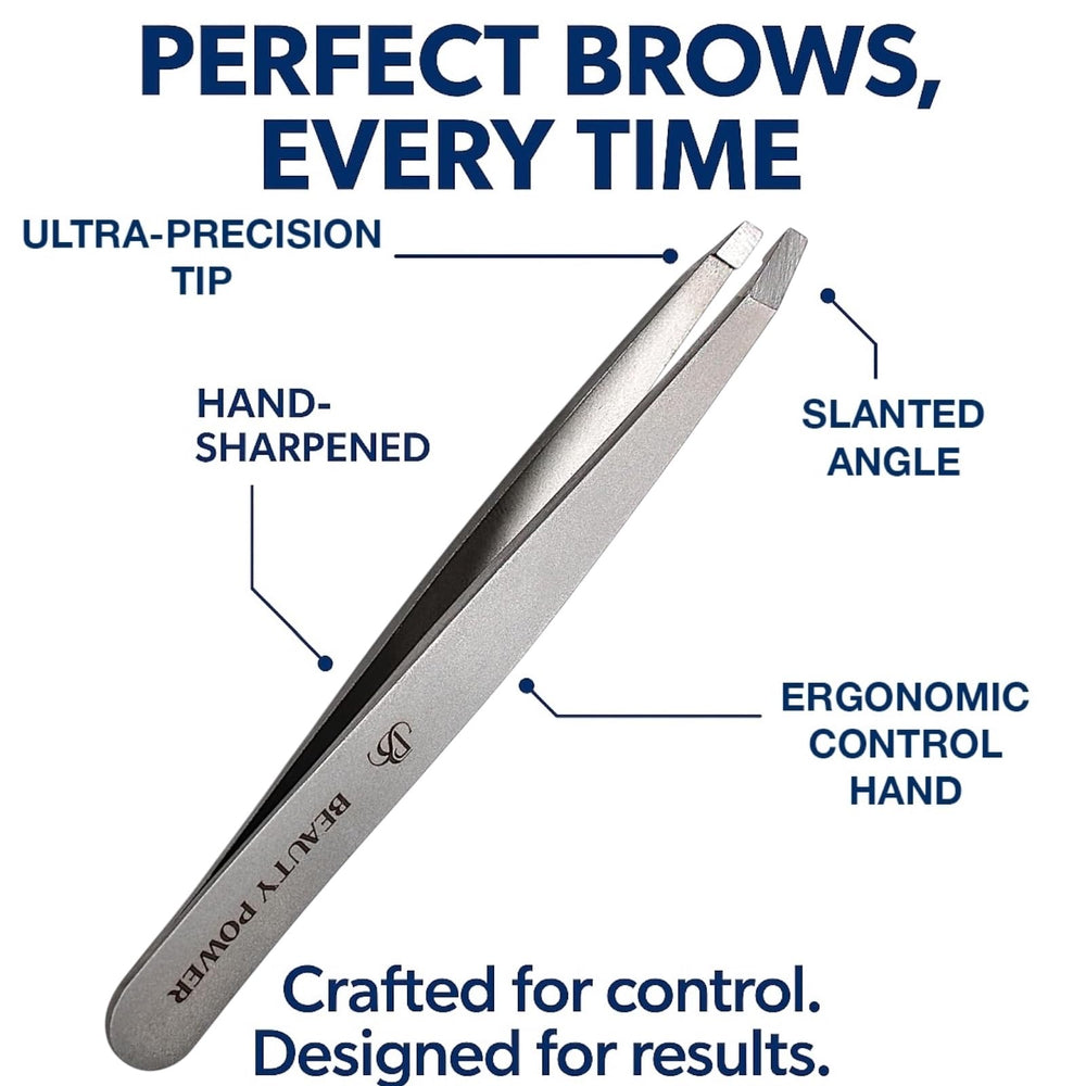 Beauty Power slant tweezers in German stainless steel highlight durability.