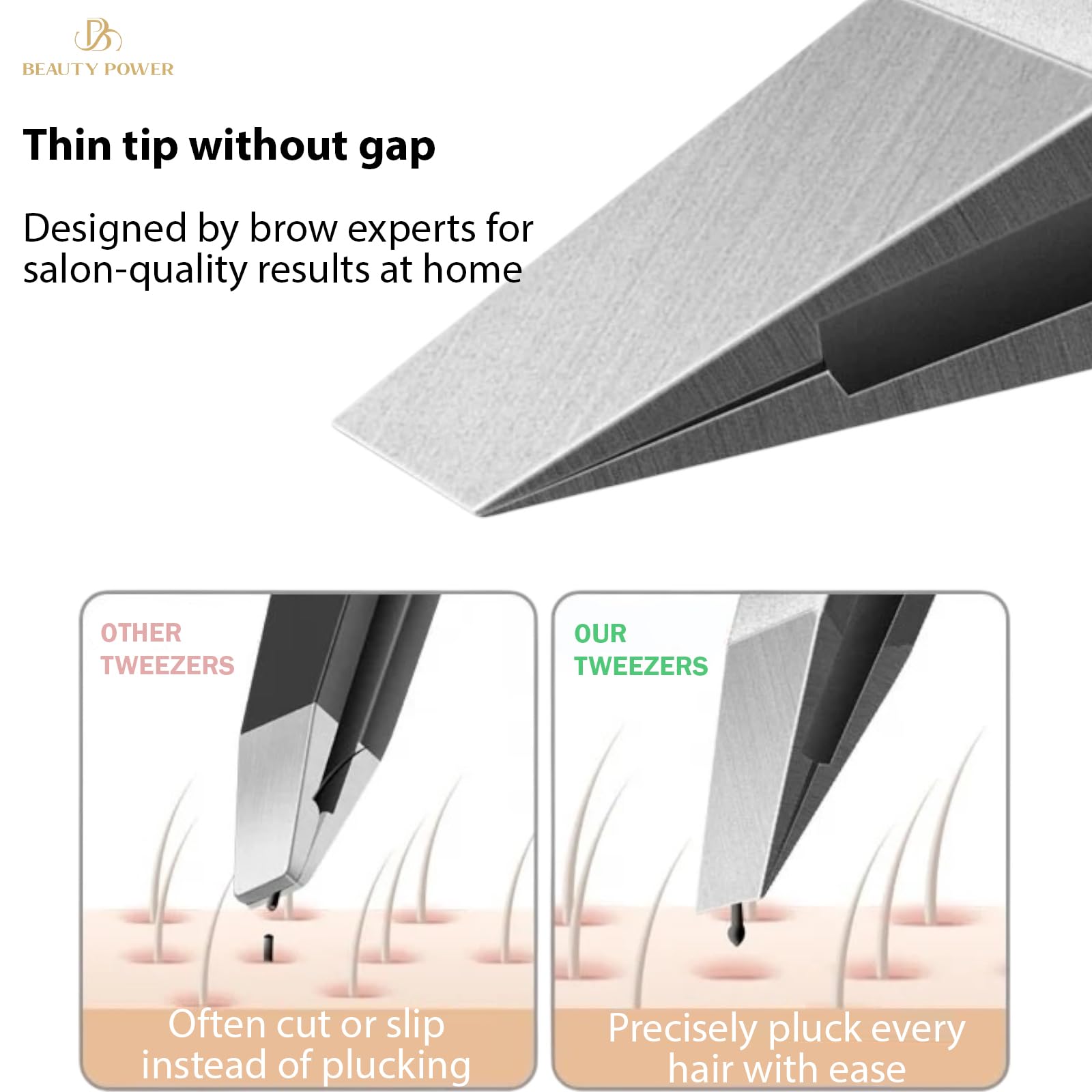 Beauty Power tweezers matte gray handle offers secure grip.