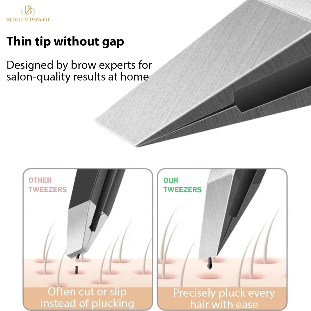 Beauty Power tweezers matte gray handle offers secure grip.