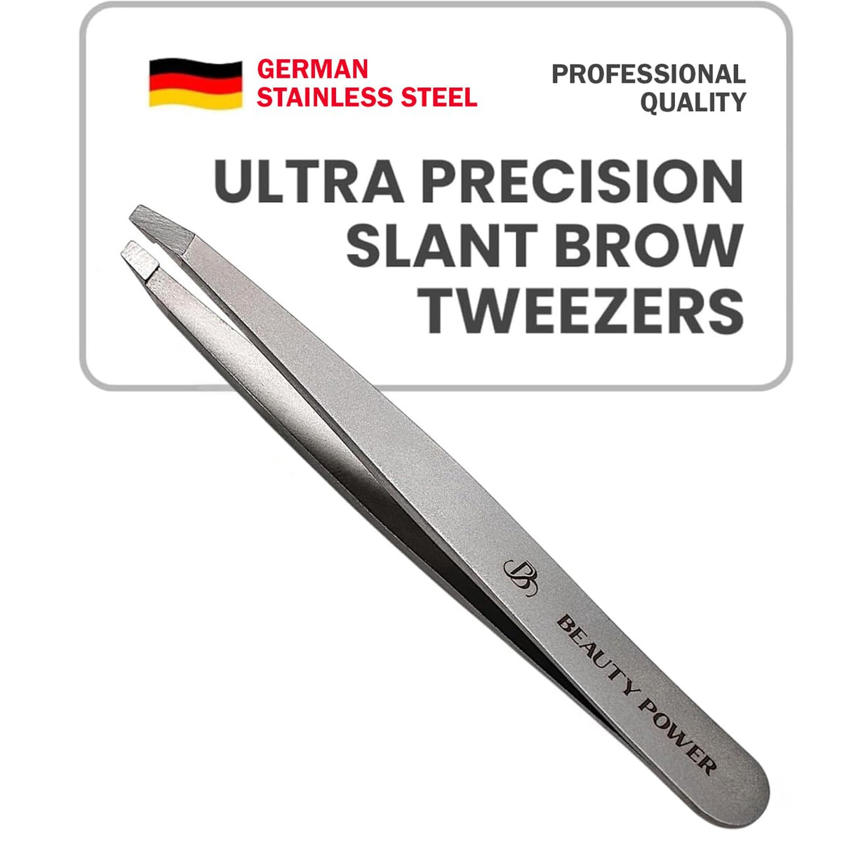 Beauty Power Ultra-Precision Slant Tweezers angle-tip close-up for precise brow shaping.