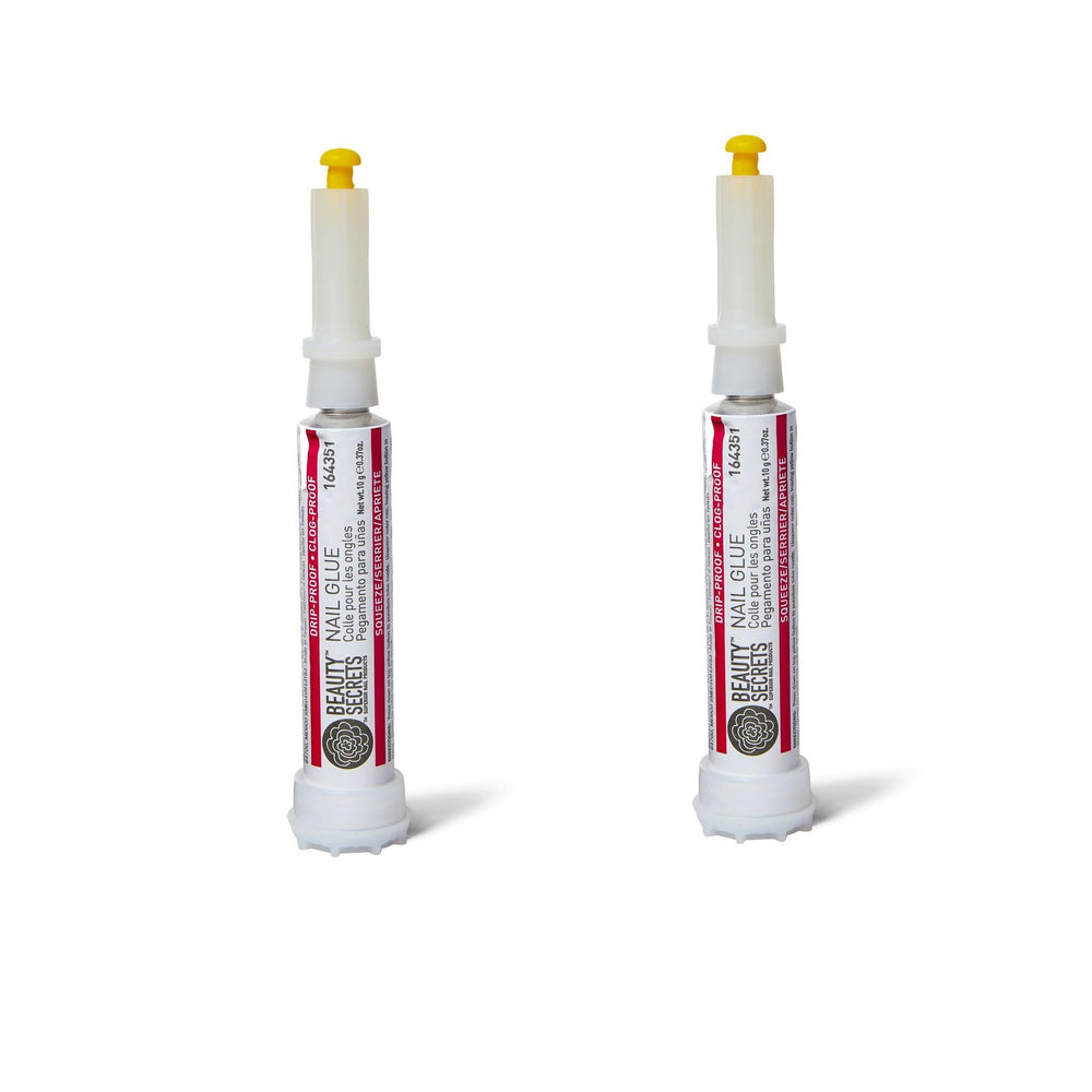 Beauty Secrets Drip & Clog Proof Nail Glue 2-Pack front view offers quick-bond for press-on nails.