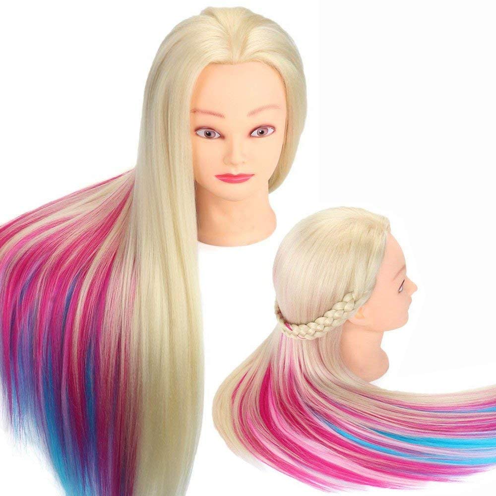 Beauty Star mannequin head features 100% synthetic hair for smooth styling.