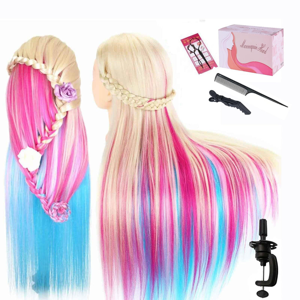 Beauty Star mannequin head with rainbow hair for versatile braiding practice.