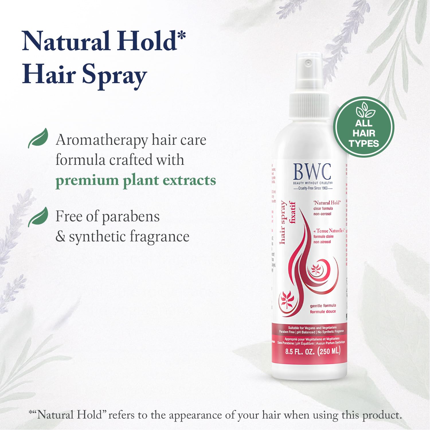 Beauty Without Cruelty Natural Hold mist demonstrates frizz control and humidity defense.