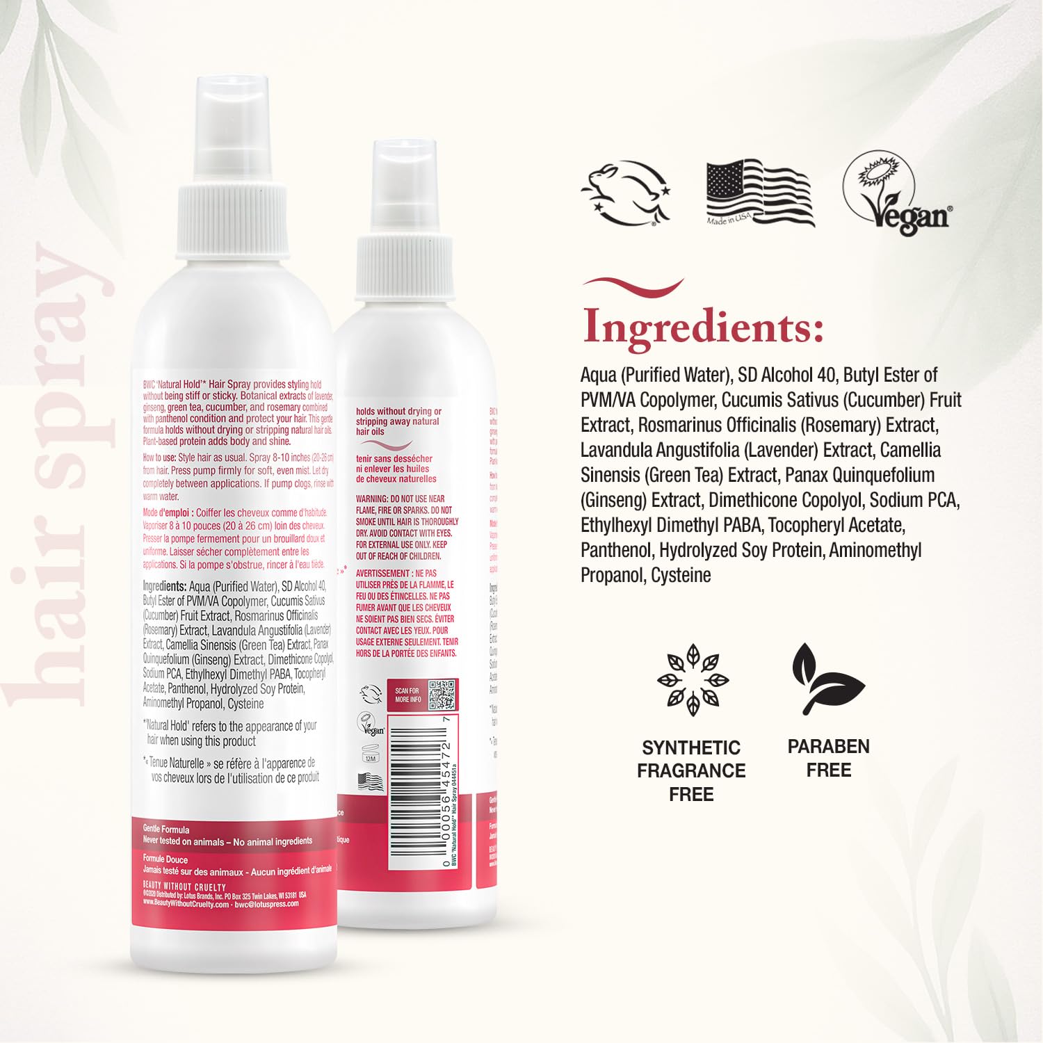 Beauty Without Cruelty Natural Hold label detail highlights vegan and cruelty-free credentials.