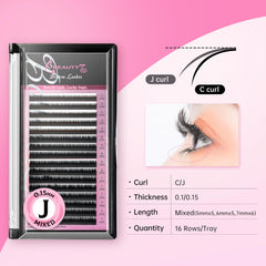 Beauty7 C/J curl lashes tray demonstrates curl variety for customizable looks