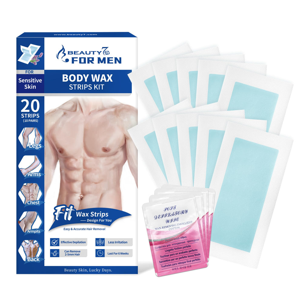 Beauty7 Men Wax Strips packaging closeup highlighting convenient at-home waxing