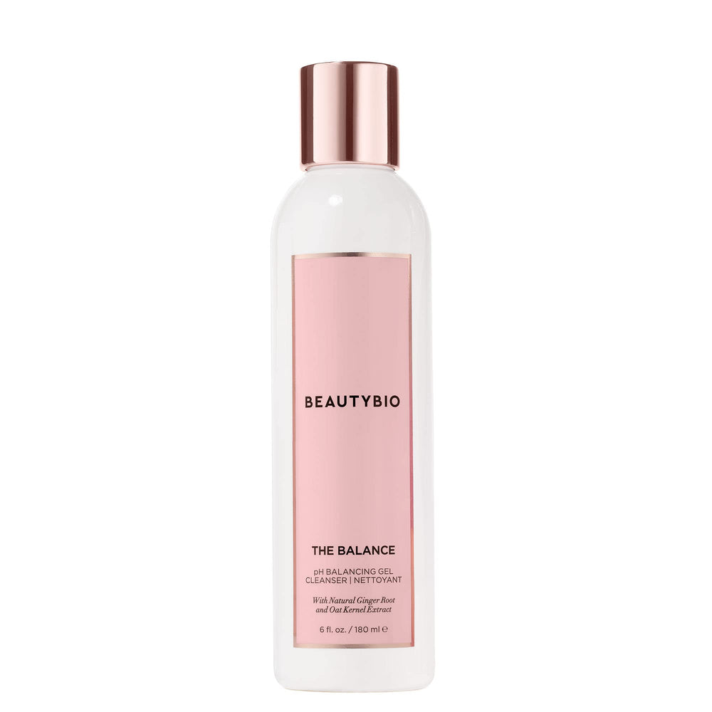 BeautyBio The Balance bottle front view, fragrance-free cleanser for daily makeup removal