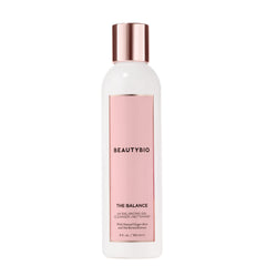 BeautyBio The Balance bottle front view, fragrance-free cleanser for daily makeup removal
