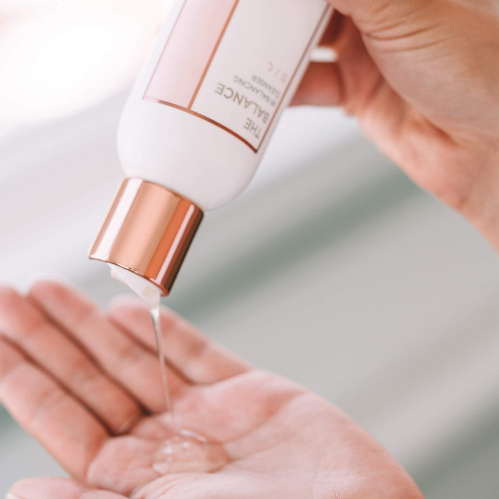 Close-up of The Balance gel texture, non-irritating daily cleanser