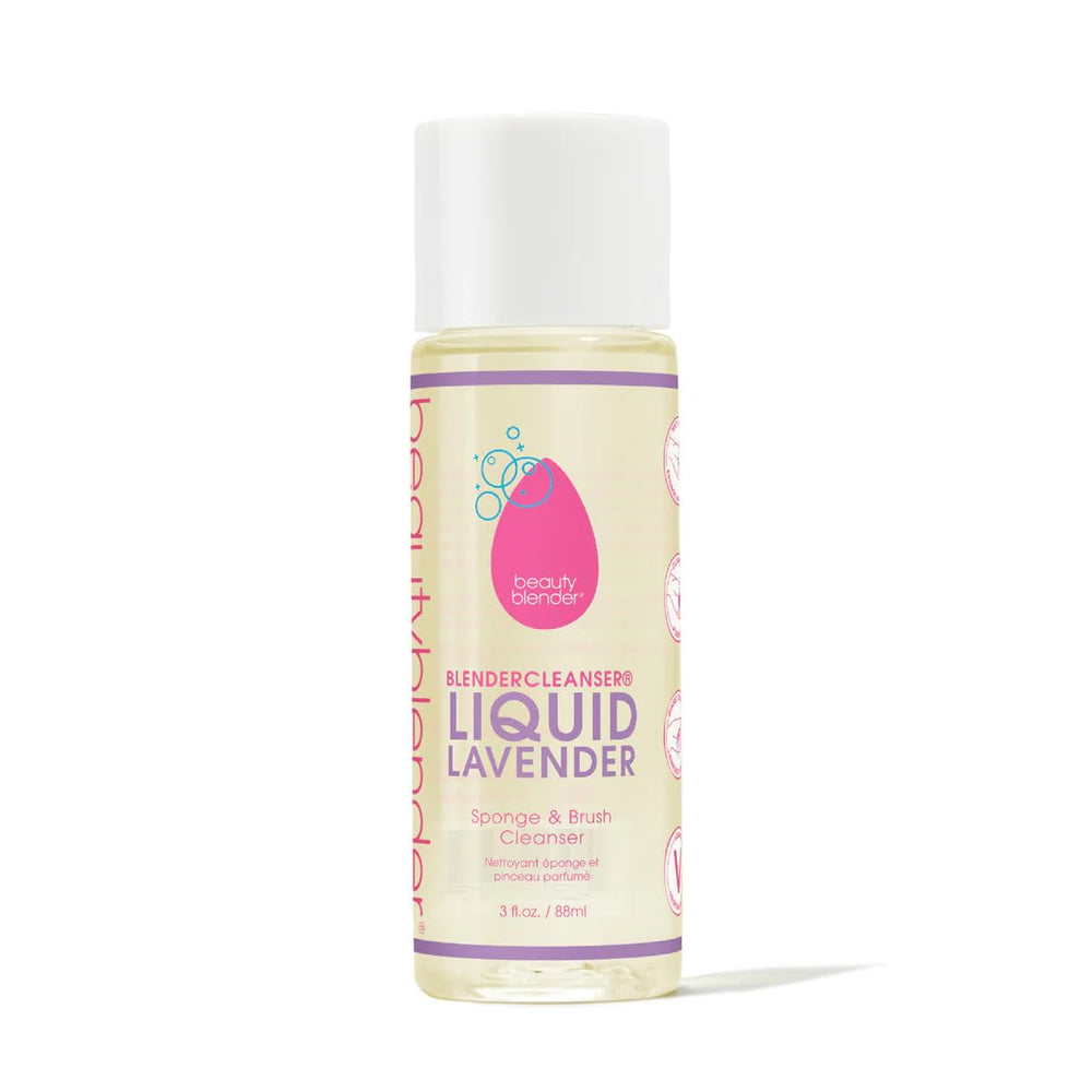 Beautyblender Blendercleanser lavender bottle pour shows easy, mess-free dispensing for clean makeup tools.