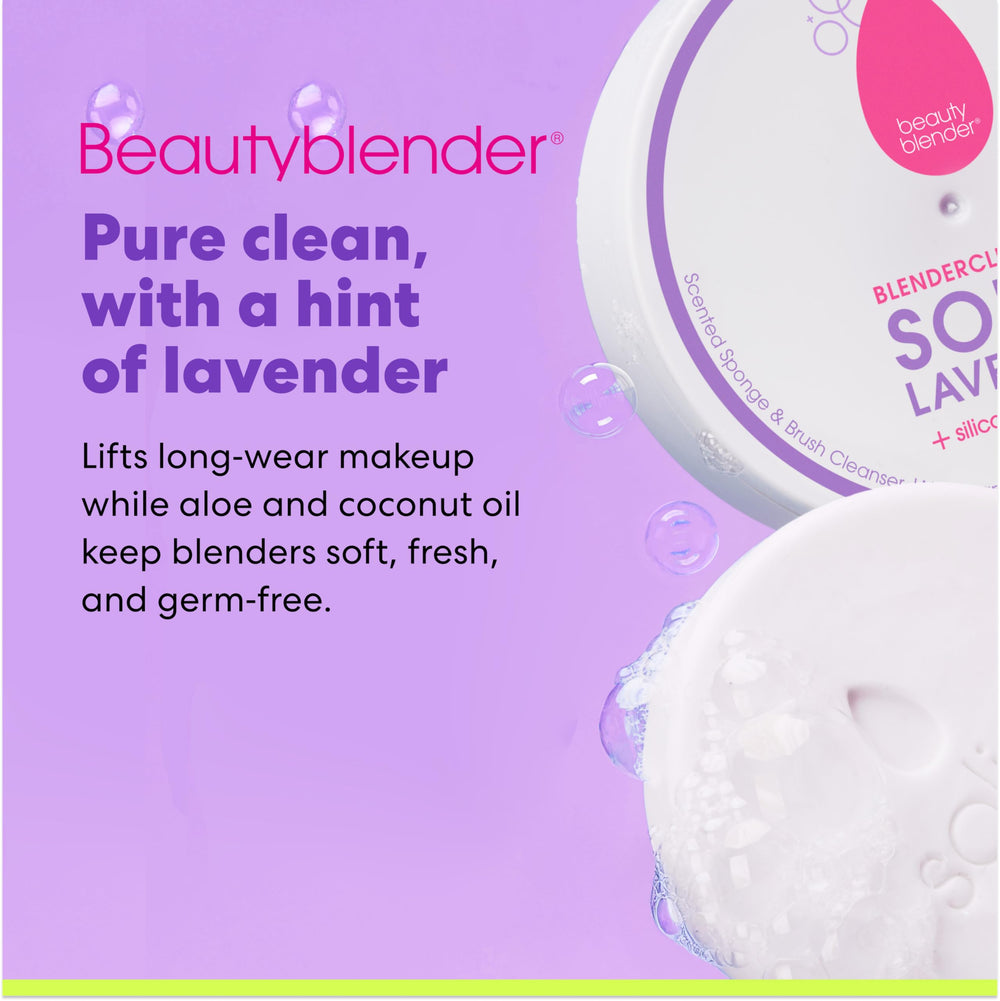 Beautyblender Blendercleanser Solid Lavender bar shows rich lavender lather on a brush.