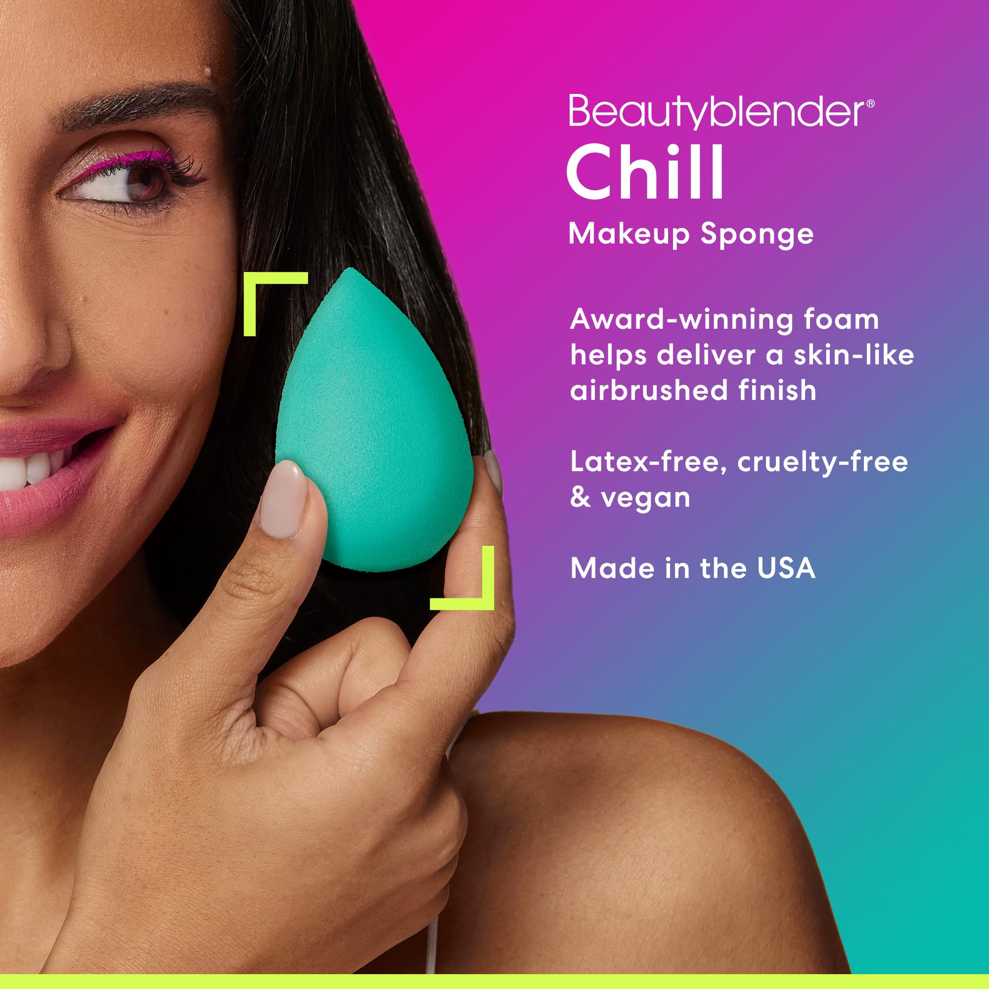 Beautyblender Chill contoured-tip supports precise blending around eyes and nose.